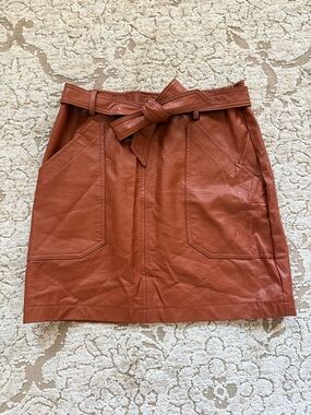 Women’s Brown Faux Leather Paperbag Waist Skirt with Belt